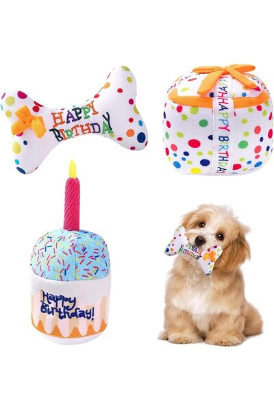 Generic 3Pcs Birthday Gifts for Dogs, Squeaky Plush Pet Toys, Puppy Party Gif...