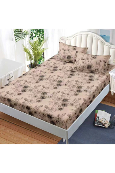 decorami Stretchy Sheet, 180x200 cm + 2 Pillowcases 50x70 cm, Beige, roses