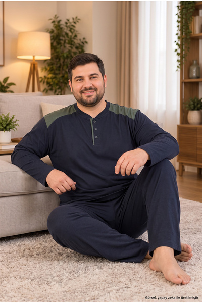 SEBOTEKS Interlock Fabric Collar Buttoned Long Sleeve Plus Size Men's Pajama ...