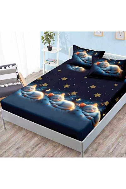 decorami Stretchy sheet, FINET, 180x200cm, 2 pillowcases 50x70cm, Blue, kittens