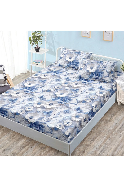 decorami Stretchy Sheet, 160x200 cm + 2 Pillowcases 50x70 cm, Blue, Popcorn