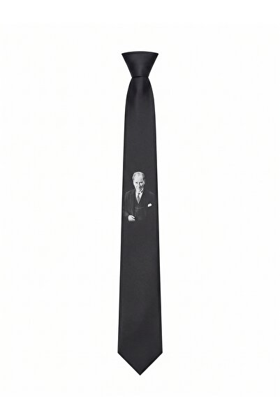 Elegante Cravatte Black and White Men's Tie with Ataturk Portrait (7 cm) - Special Gift Boxed