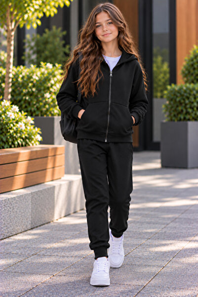 ZİYMO Girls' Zippered Hooded Rubberized Leggings Track Suit Set