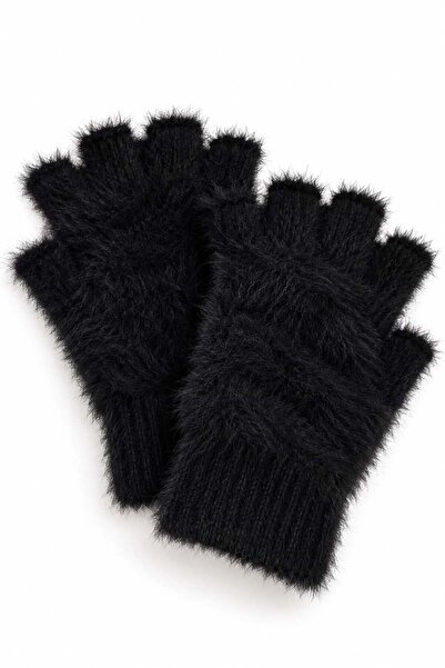 Juuuj Black Plush Textured Flexible Knitted Half-Finger Ribbed Wrist Gloves w...