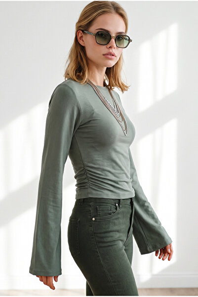 Olalook Women's Khaki Crew Neck Drape Detailed Spanish Sleeve Blouse Blz-1900...