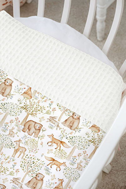 Tuğba Kuğu Double-Sided Baby Blanket, 100% Cotton Waffle Pique |   Pillowcase with Gift - Woodland Friends - 100 X 150 cm