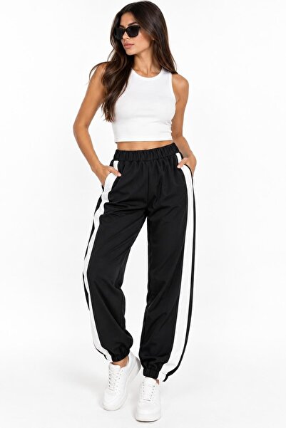 Juuuj Black Cotton Blend Sweatpants with Elastic Waist, White Stripes on the ...