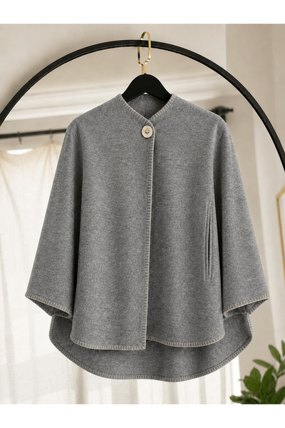 Hepsi Moda Çoban Dikiş Detaylı Panço - 0018 - Gri Melanj