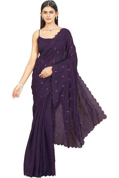 Generic Women's purple colored saree with mirror embroidery on pallu and scal...