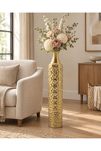 Theraphy Home Altın Işıltılı Kabartma Dokulu Metal Dekoratif Vazo 70,5 CM