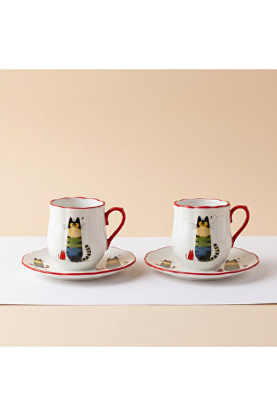 ELZEY HOME Porcelain Set of 2 Coffee Cups with Cat Figures