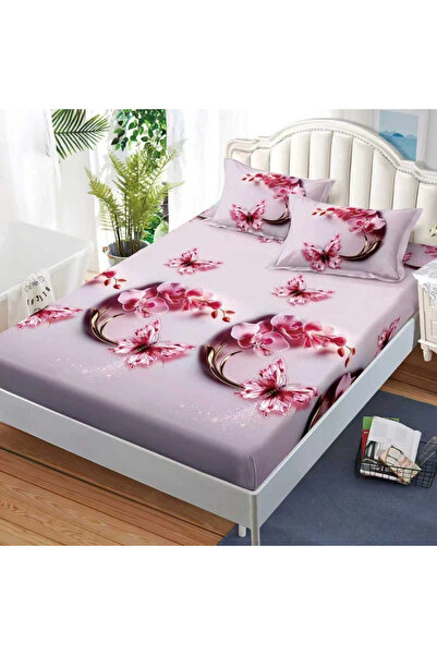 decorami Cearsaf cu Elastic, 180x200 cm + 2 Fete de Perna 50x70 cm, Roz, flor...