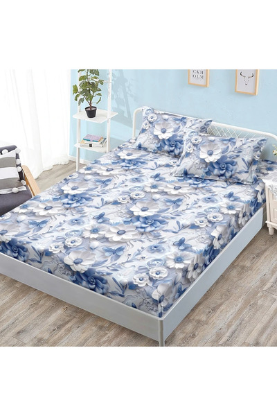 decorami Stretchy Sheet, 180x200 cm + 2 Pillowcases 50x70 cm, Blue, flowers