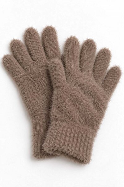 Juuuj Mink Plush Textured Soft Flexible Form Five-Toe Knitted Gloves with Rib...