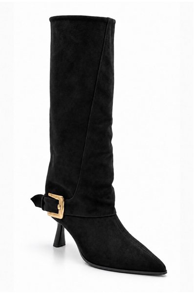 İX Emay Women's Black Suede Gold Buckle Bellows Pointed Toe Thin Heeled Below the Knee Slouchy Boots