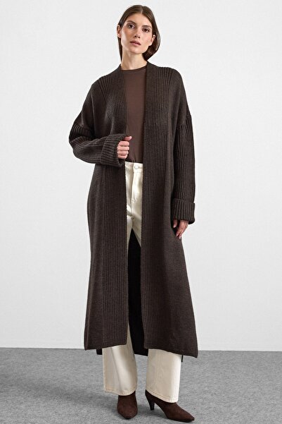 Olcay Loose Fit Ribbed Knitwear Long Cardigan Brown 8298