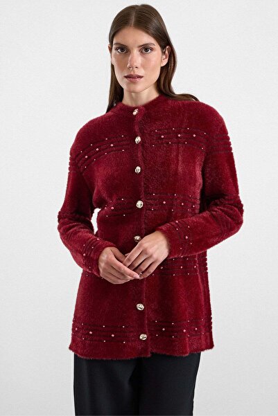 Olcay Pearl Detailed Soft Fabric Knitwear Cardigan Claret Red 8296