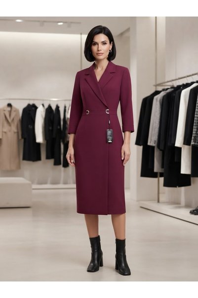 Gilda Kruvaze Yaka Metal Detaylı Bordo Midi Elbise