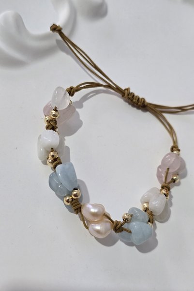 c-bhadu naturel Certified Amorphous Crab Sign Natural Stone Bracelet (Real Pearl, Aquamarine, Moonstone, Pink Quartz)