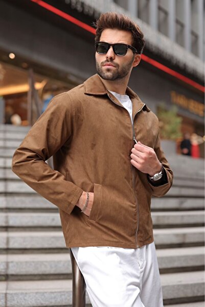 Madmext Camel Polo Collar Suede Men's Jacket E7221