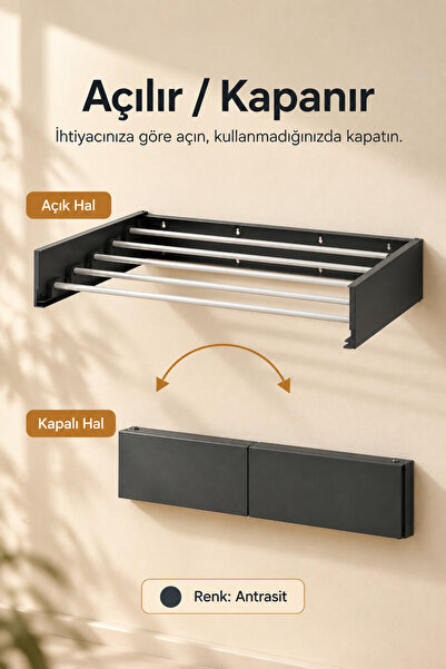 MOONLİGHT Lüks Katlanabilir Duvara Monte Çamaşır Kurutmalık 70 cm - Antrasit ...
