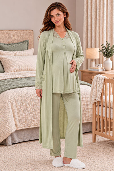 ByLohusa 3-Piece Maternity Pajama Set with Lace Embroidery and Dressing Gown ...