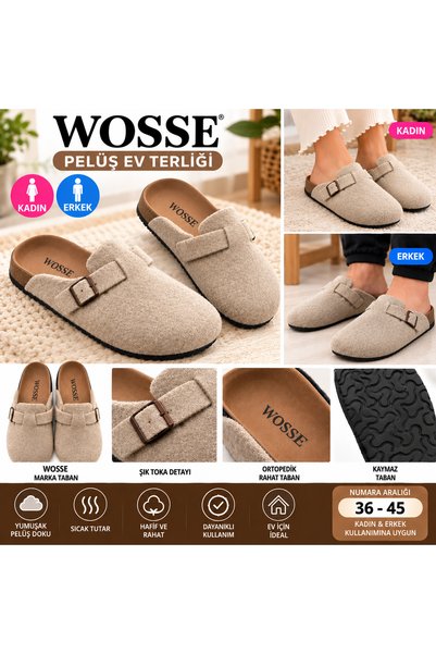 WOSSE Kadın & Erkek Keçe Peluş Ev Terliği – Toka Detaylı, Yumuşak ve Rahat