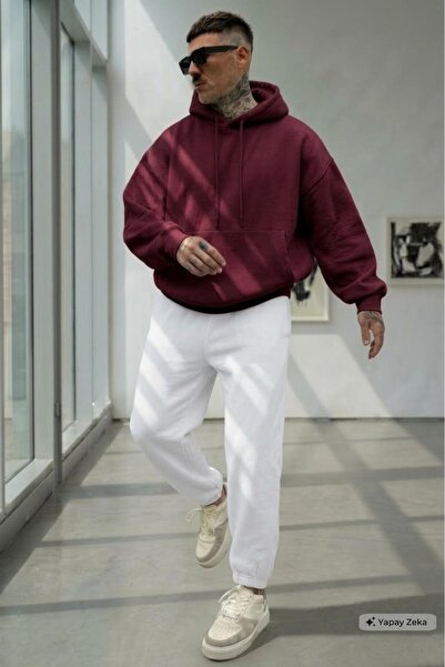 NO 601 Men's Burgundy Hooded White Tracksuit Set