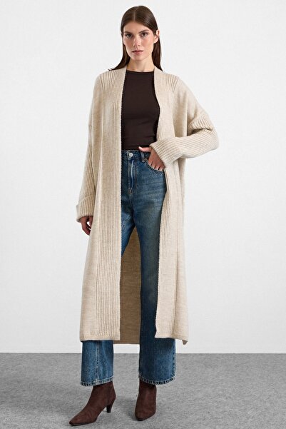 Olcay Loose Fit Ribbed Knitwear Long Cardigan Stone 8298