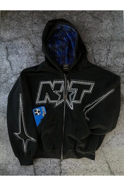 BALİNA Siyah NXT Taş Detaylı Oversize Fermuarlı Hoodie