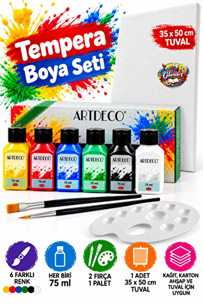 Glanart 35x50 tuval ve 6x75 ml tempera guaj boya seti (fırça ve paletli set ) artdeco