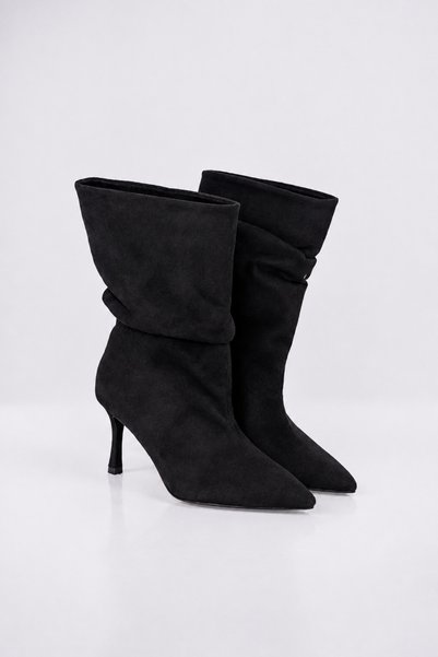 KIEER Liv - Black Suede Bellows Pointed Toe Thin Heeled Boots