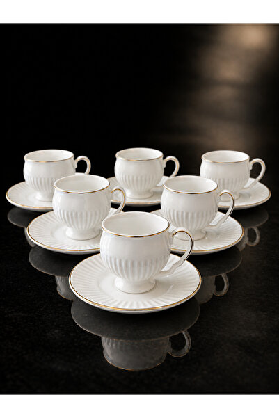 Elta Collection 6-Person Gold Gilt Detailed Porcelain Coffee Cup and Saucer S...