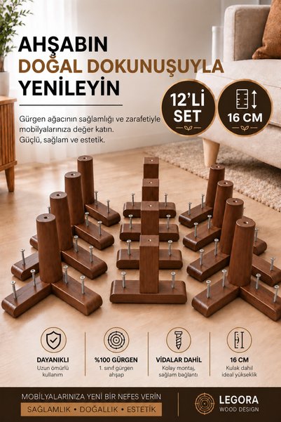 LEGORA WOOD DESIGN 16 cm Konik (Koyu Ceviz 12'li Set) Ahşap Mobilya Ayağı "8 ...