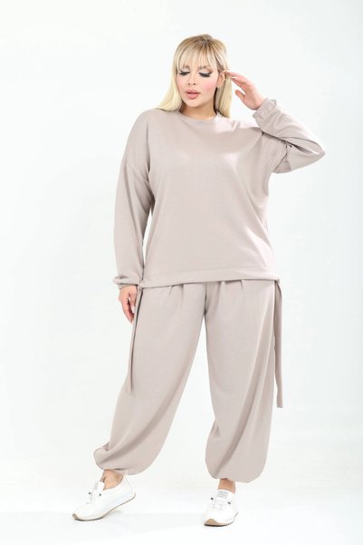 ModaSehle Plus Size Belted Pocketed Crew Neck High Waist Cuff Detailed Long S...