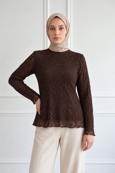 bellura Dantelli Bel Hizası Düz Kesim Tesettür Astarlı Bluz - Kahve