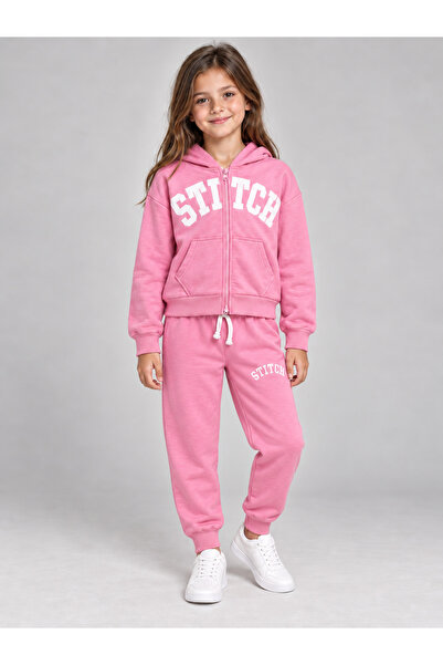 WE&ME Girl's Hooded Zippered Cardigan and Rubberized Leggings Tracksuit Set Pink