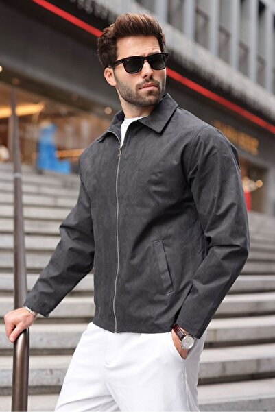Madmext Anthracite Polo Collar Suede Men's Jacket E7221