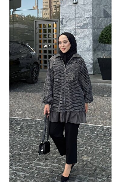 Kadın File Kumaş Çiçek Desenli Fermuarlı Oversize Kap 9314