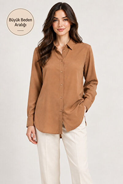 Nuevo Women's Camel Viscose Shirt Long Sleeve Buttoned Comfortable Fit Classi...
