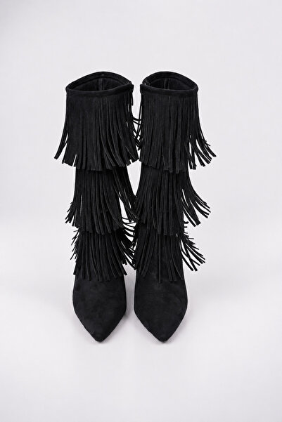 KIEER Kira - Women's Black Tasseled Pointed Toe Thin Heeled Boots