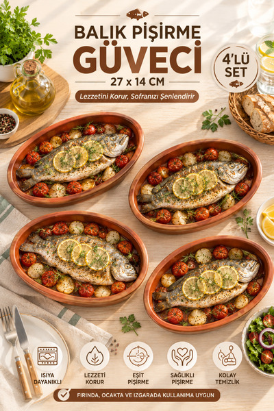 incirhome 27 cm Oval Kil 4 Lü Toprak Balık Güveci - Fırın ve Servis Kabı Topr...