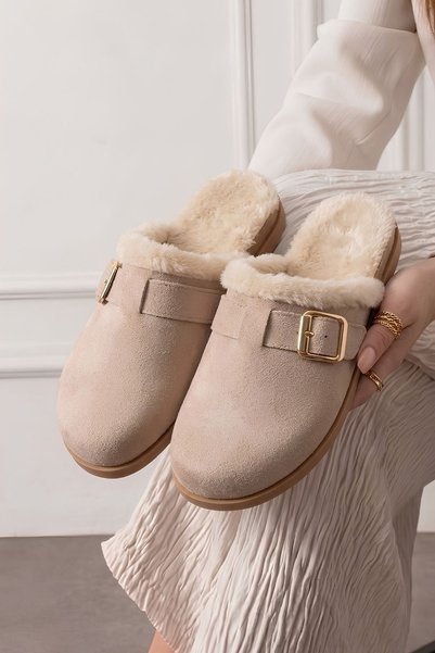 FUGA MODA Rovato Bej Süet Gold Tokalı Kürk Yakalı Kadın Ev Terliği