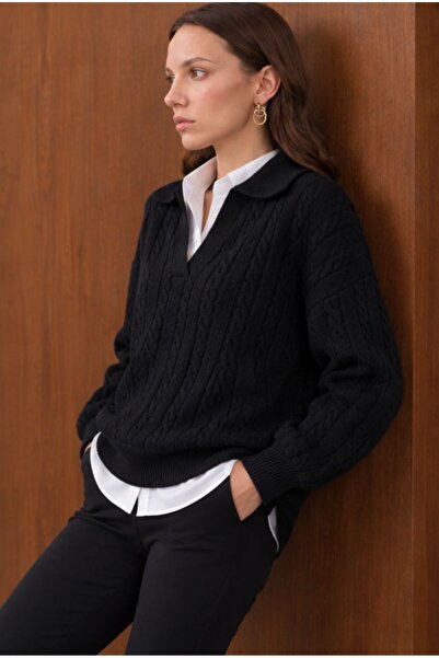 Dilvin 10885 Wool Blend Polo Collar Sweater