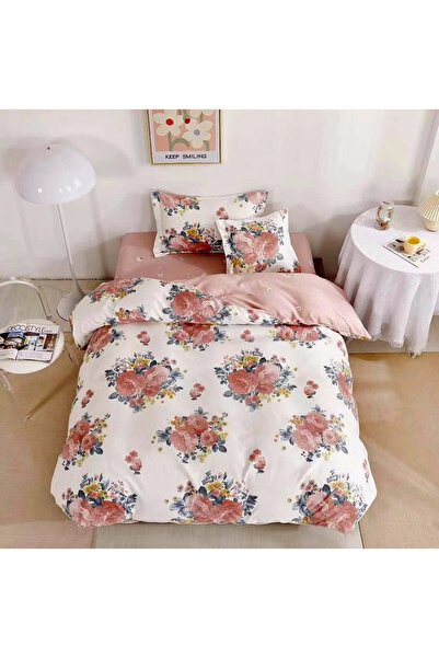 decorami Lenjerie pat 140x200cm, FINET, 4 piese, cu ELASTIC, Roz pudra, flori