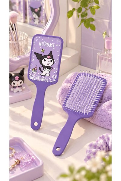 SANRIO Lisanslı Kuromi Simli Kare Paddle Saç Fırçası – Geniş Yüzeyli Tasarım