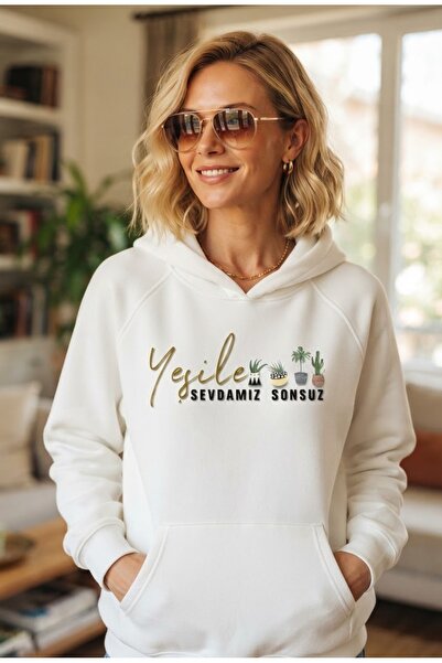 "Yeşile Sevdamız Sonsuz" Sukulent ve Kaktüs İllüstrasyonlu Beyaz Kapüşonlu Sweatshirt Hoodie
