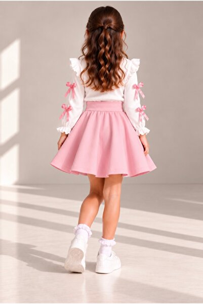 Merwiss Girl's Flared Skirt and Bow Detailed Blouse 2-Piece Set – Special Day for Eid Al-Fitr and Eid Al-Adha