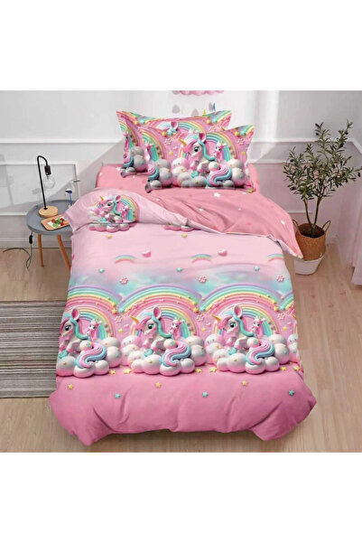 decorami Bed linen 1 PERSON, FINE, 4 pieces, Pink, rainbow with unicorn