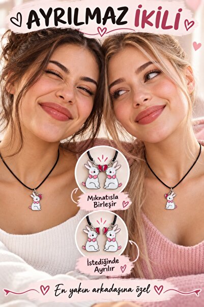 BearPear 2'li Mıknatıslı Kolye Tavşan Figürlü BFF Arkadaşlık Kolyesi